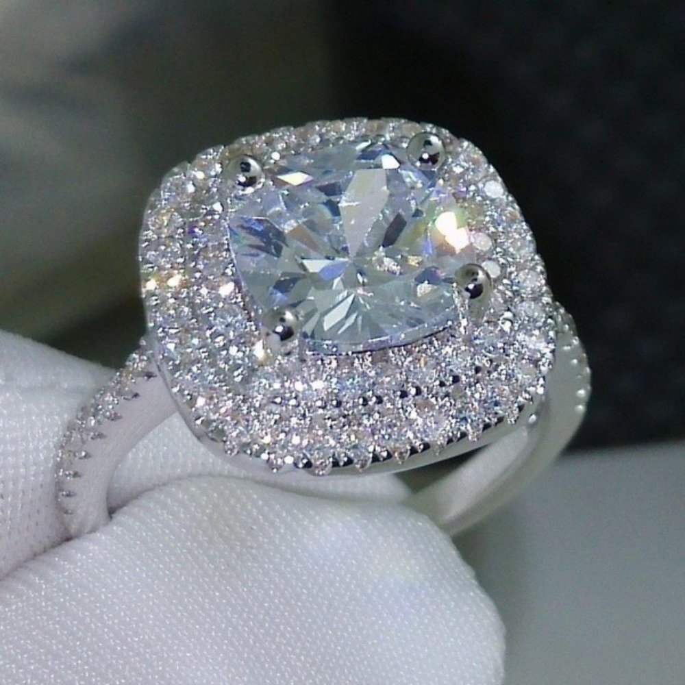 NEW 925 Sterling Silver Diamond Double Halo Ring - Picture 2 of 8